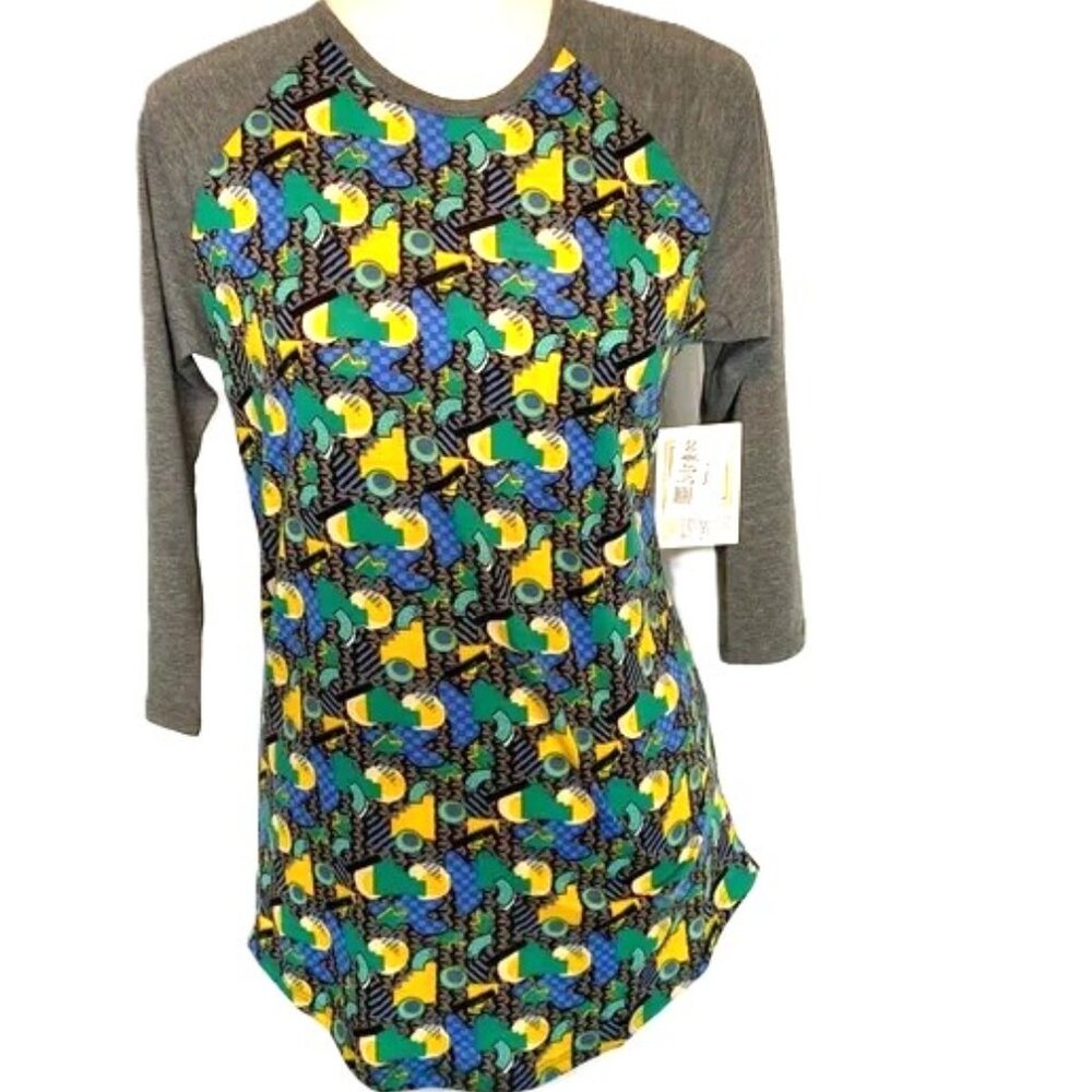 LuLaRoe Randy Baseball Shirt Medium 3/4 Sleeve Color Block Fun Geometric Circles